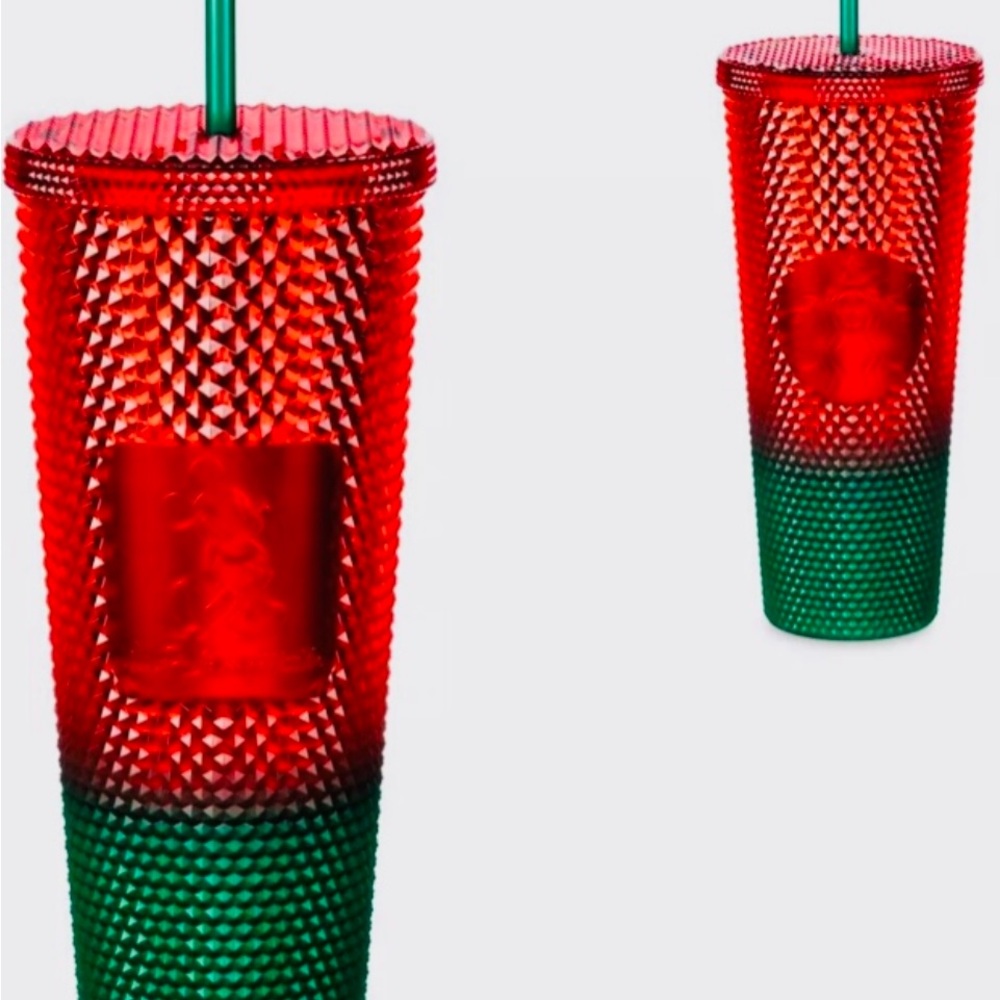 Disney Starbucks Red and Green Textured Venti Tumbler with straw.
